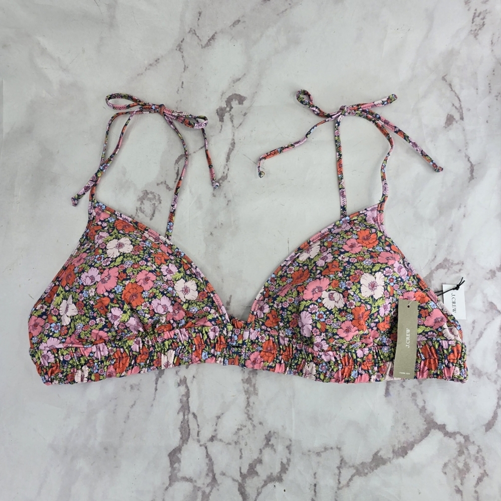 J Crew Swim Top Pink Floral Bikini Tie Shoulder Ruched Liberty Meadow BF087